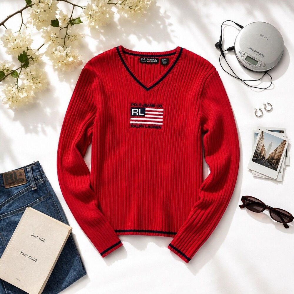 Rare Vintage 90s Polo Jeans Ralph Lauren Flag Logo Rib Knit Sweater XL